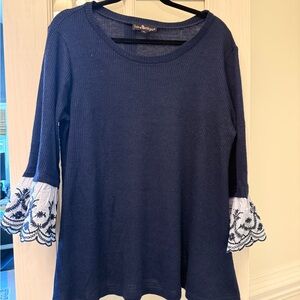 Liza Byrd Navy Knit Tunic with White Embroidered Bell Sleeves